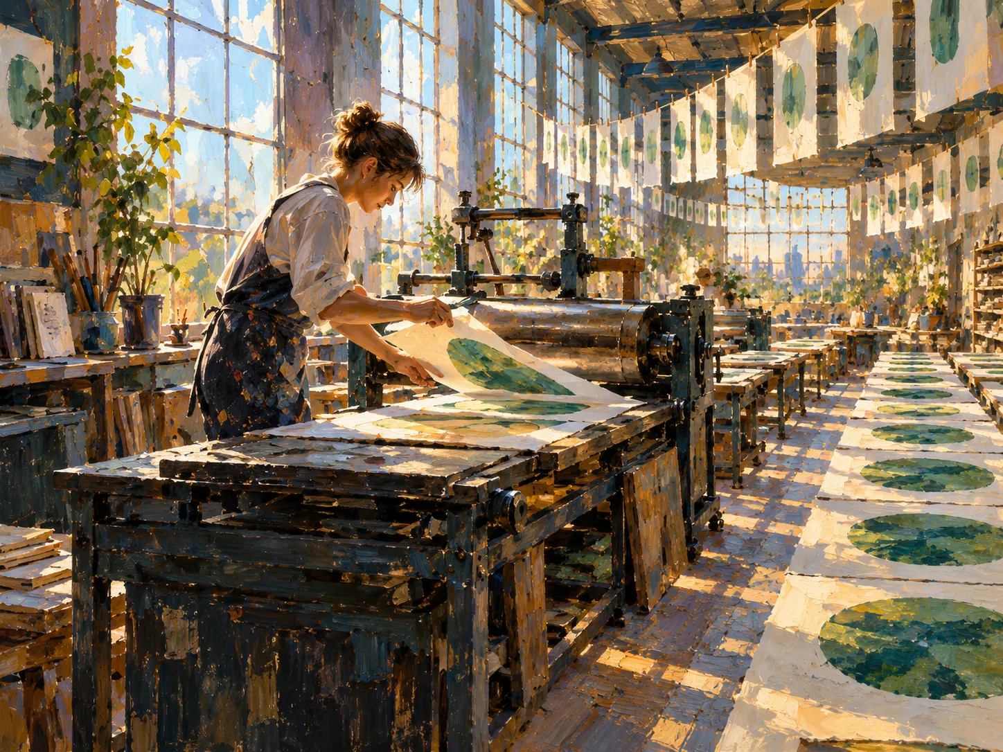 A printmaker works at a press amid an expansive field of printed sheets.
