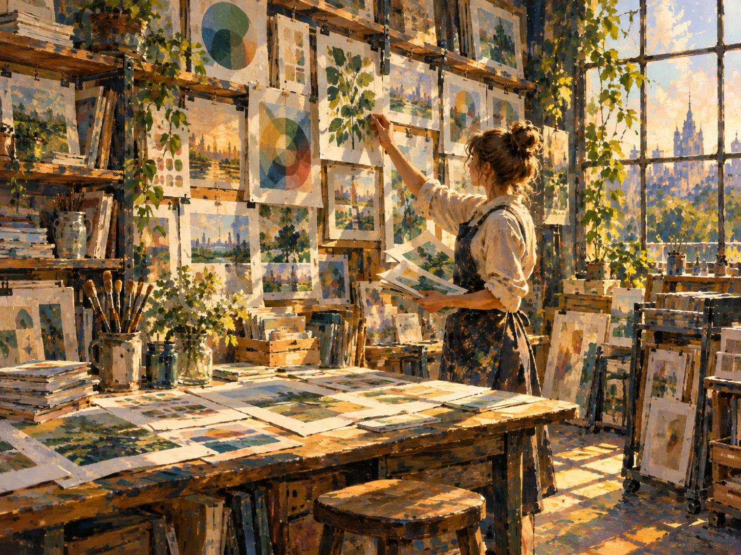 A printmaker selects an earlier proof from a sunlit wall of studies.